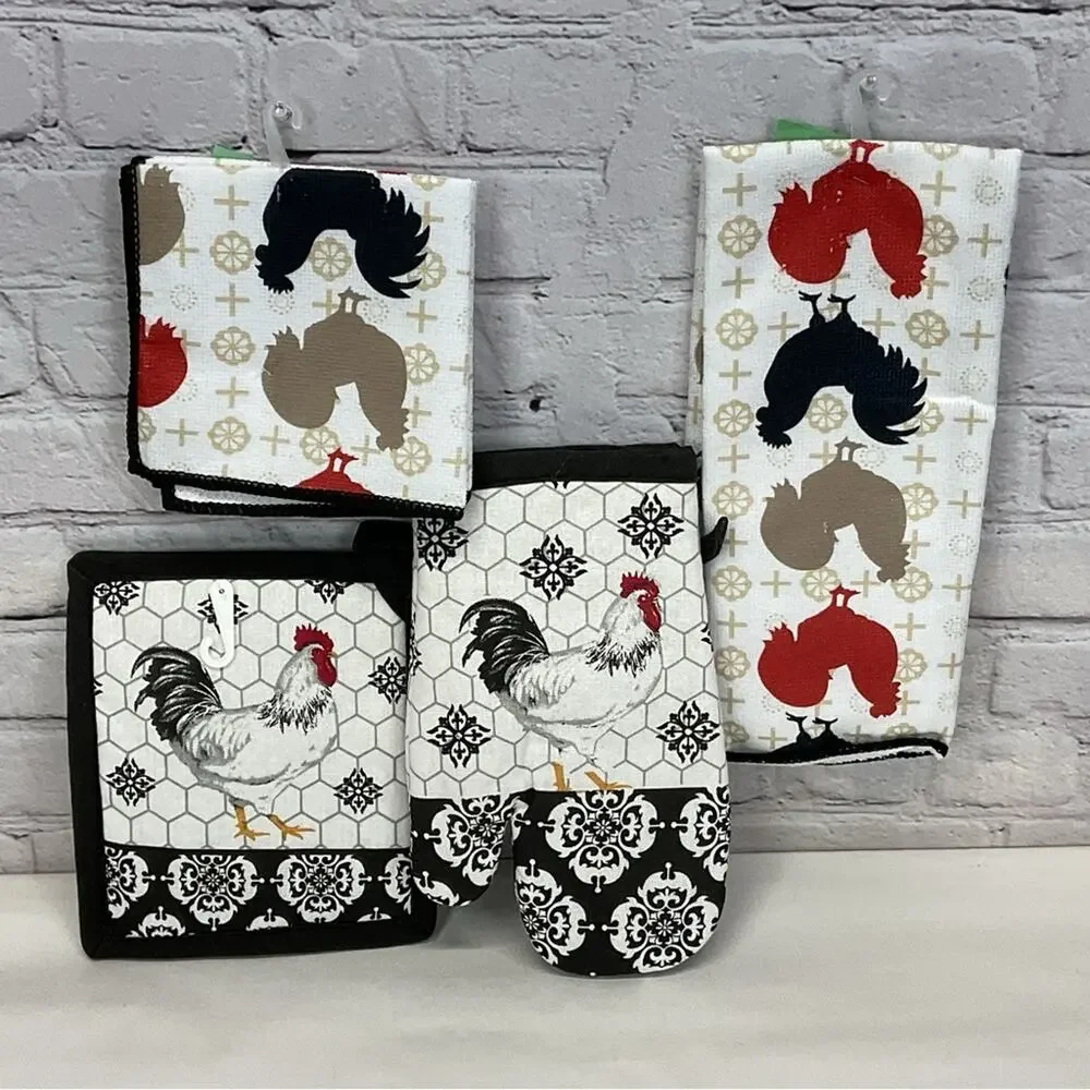 Kitchen Linen 4 Pc. Set Chicken Red/Black Mitt/Pot Holder/Dish Towel/Dish Cloths